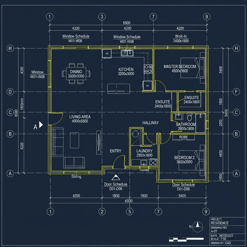 A crisp AI-generated dimensioned architectural blueprint