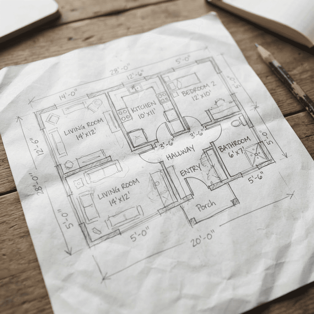 A rough hand-drawn pencil floor plan sketch on paper
